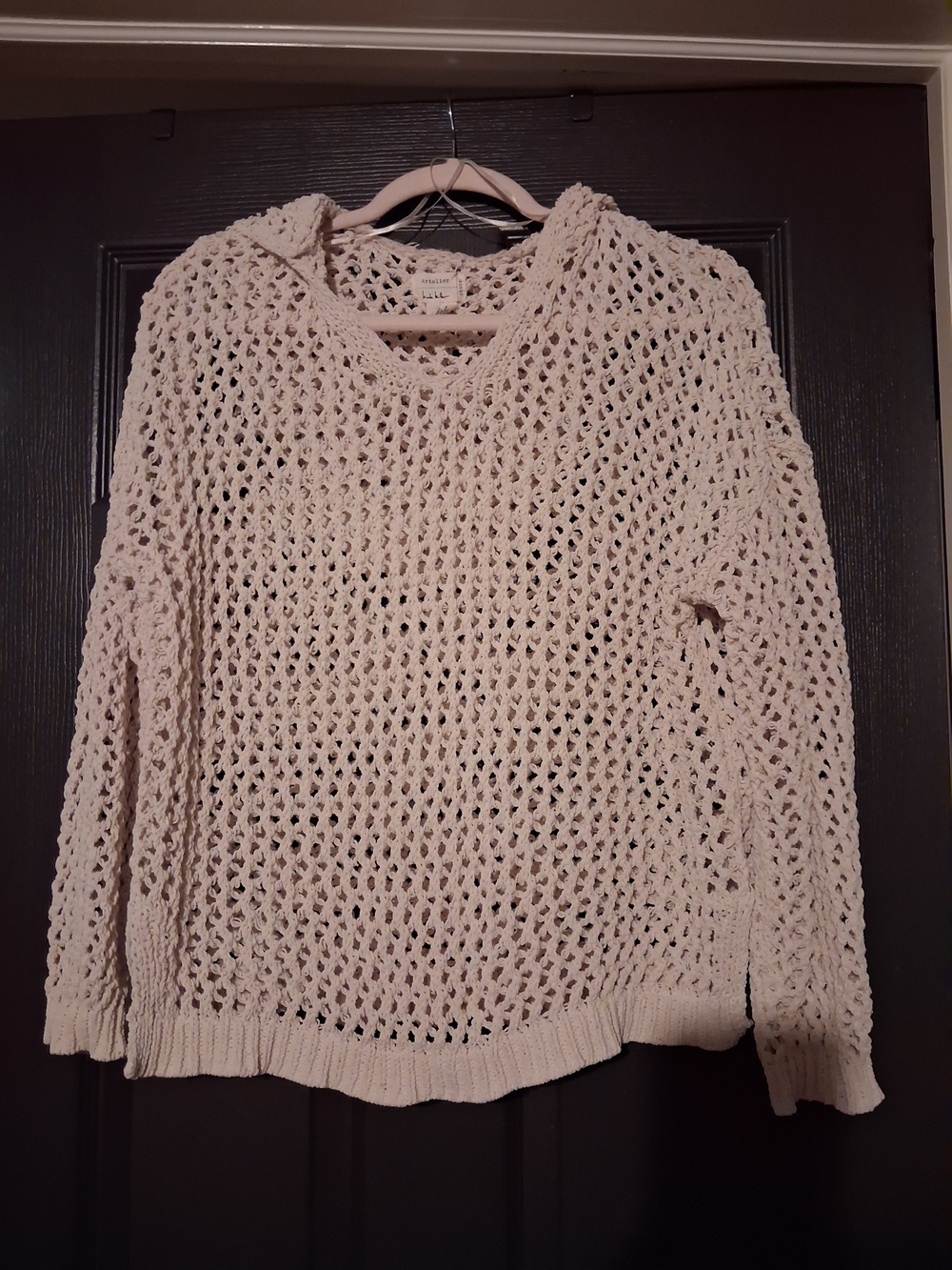 Nicole Miller Artelier Cream Open-Knit Hooded Sweater